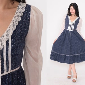 70s Gunne Sax Dress Vintage Prairie Dress Blue Calico Floral Midi Dress Tiered Lace Up Corset High Waist Long White Puff Sleeve 1970s Small image 1