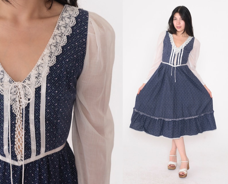 70s Gunne Sax Dress Vintage Prairie Dress Blue Calico Floral Midi Dress Tiered Lace Up Corset High Waist Long White Puff Sleeve 1970s Small image 1