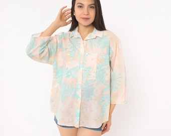 90s Tropical Leaf Shirt Pastel Pink Mint Button Front Camp Collar Blouse Cotton Hawaiian Floral Beach Vacation Summer Boxy Top Medium M