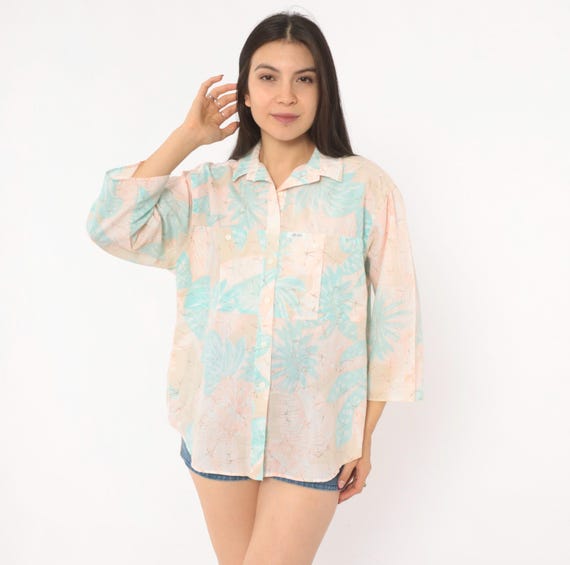 90s Tropical Leaf Shirt Pastel Pink Mint Button Front Camp Collar Blouse Cotton Hawaiian Floral Beach Vacation Summer Boxy Top Medium M