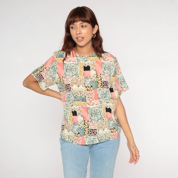 90s Patchwork Blouse Geometric Tile Print Pink Ye… - image 5