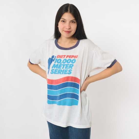 80s Diet Pepsi Run Shirt 10,000 Meter Series Ringer Tee Running Sports Vintage 1980s Thin March of Dimes Large L