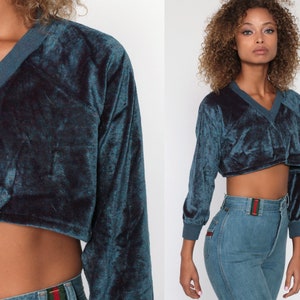 Blue Velour Shirt Striped Top Tie Waist 80s Long Sleeve Shirt Collared V Neck Retro Top 70s Freaks and Geeks 1980s Pullover Small Medium
