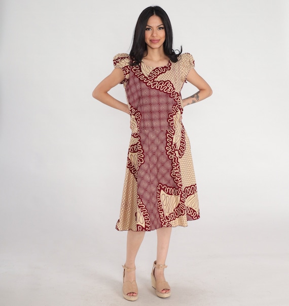 90s Ghanaian Dress African Midi Dress Puff Sleeve Sundress Tan Red Abstract Print Bohemian Retro Ghana Africa Cotton Vintage 1990s Medium