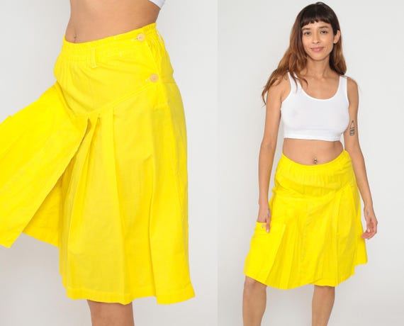 90s Yellow Skort Cotton Shorts High Waist Elastic Baggy Loose Fit Pockets Spring Casual Streetwear Summer Y2K Bright Bold Vintage Large L