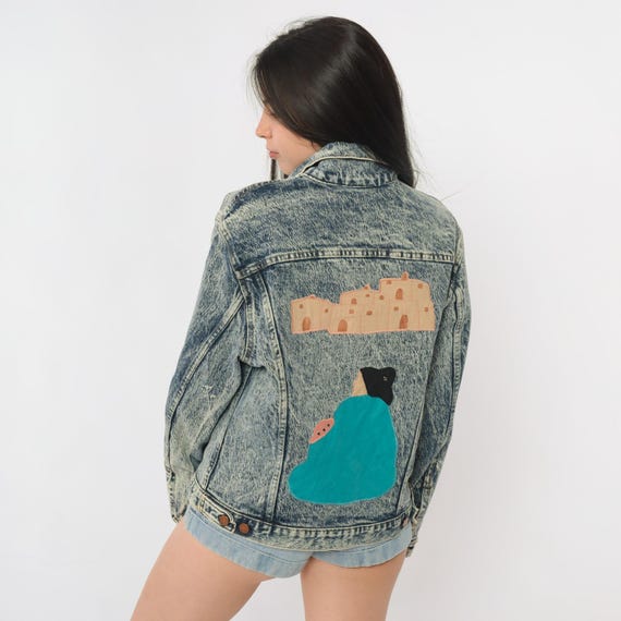 Western Acid Wash Jacket 90s Long Sleeve Button Front Vintage Denim Painted Design Adobe Pueblo Southwest Art Concho Buttons Small S
