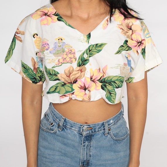 Tropical Shirt Polynesian Crop Top Floral Blouse … - image 6