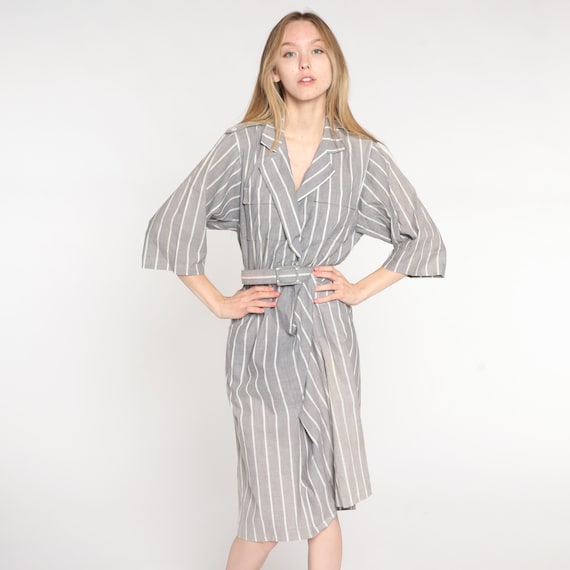 Vintage Striped Midi Dress 80s Wrap Dress Grey White Stripes V Neck 3/4 Sleeve High Waisted Secretary Dress 1980s Medium 10