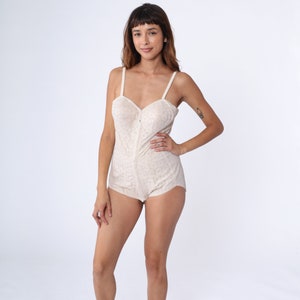 80s Reducer Shapewear Bodysuit Girdle Vintage Betty&#39;s Body Form Lingerie Full Girdle Bra Pinup Beige White Lace Pin Up Vintage Large L