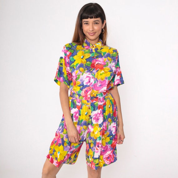 Tropical Floral Romper 90s Playsuit Bright Flower Leaf Print Button up Wide Leg Shorts Short Sleeve Vintage 1990s Rayon Medium 8