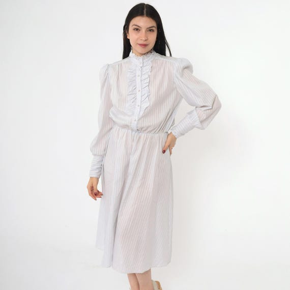 Vintage Puff Sleeve Tuxedo Dress 80s Blue-Grey Striped Midi Secretary Dress Ruffle Shirtwaist Button Up High Waisted 1980s Small Medium