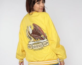 Jaqueta Air Rescue Squadron 80s Uniform Jacket Yellow Long Beach Bomber Jacket California Snap Up Baseball Vintage 1980s Extra Large xl
