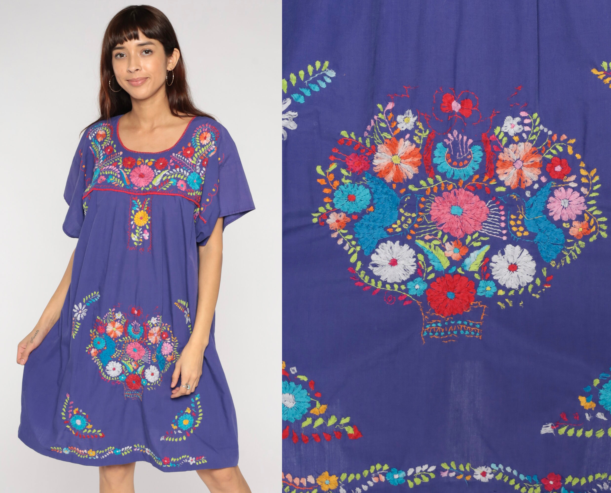Mexican Embroidered Dress Purple Mini Dress Boho Cotton Hippie Floral