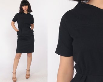 Sue Brett Junior Dress Black WOOL 1960s Mad Men Mini Sheath Cap Sleeve 60s LBD Party High Waisted 50s Pencil Pin Up Fitted Extra Small xs