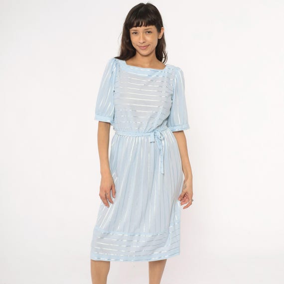 Baby Blue Sundress 80s Striped Dress Puff Sleeve Cottagecore Coquette Semi Sheer Cotton Vintage Summer Prairie Day Dress Pastel Medium M