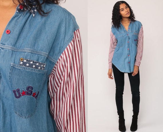 Denim Shirt 90s American Flag Shirt Striped Jean Shirt USA Grunge 1990s Long Sleeve Button Up Vintage Blue Oversize Boyfriend Medium