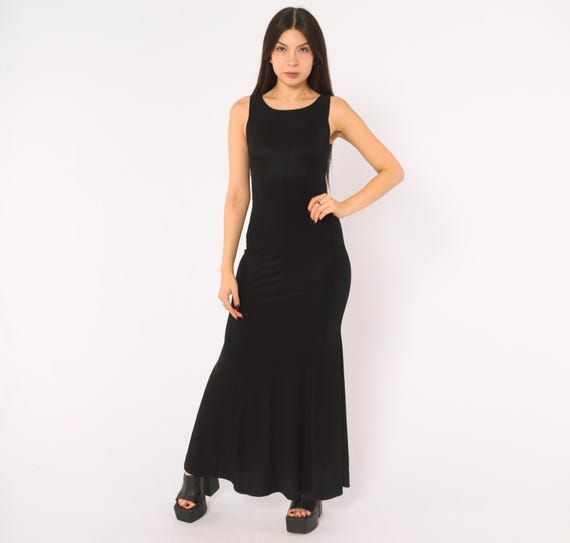 90s Black Maxi Dress Sleeveless Mermaid Hem Fitted Bodice Princess Seam Long Evening Gown Gothic Grunge Vampy Minimalist Vintage Medium M