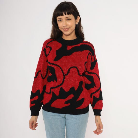 Red Black Abstract Sweater 90s Knit Pullover Shimmer Crimson Graphic Pattern Jumper Wavy Sparkle Top Vintage Unisex Psychedelic Medium M