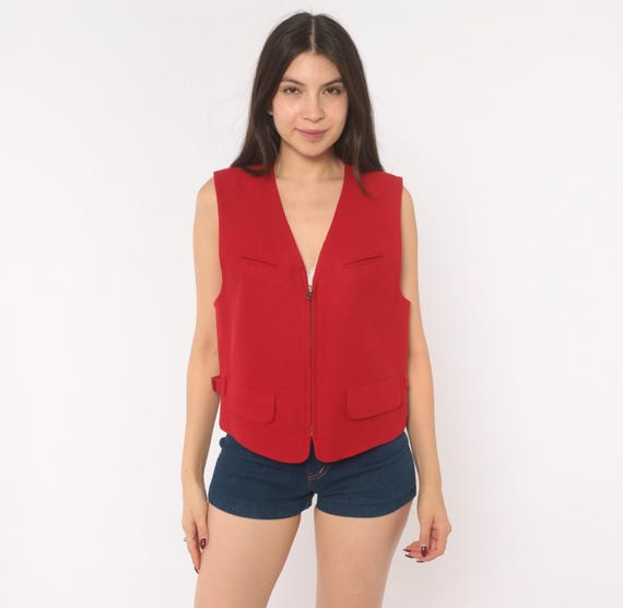 90s Red Wool Vest Zip Front Sleeveless Waistcoat V Neck Four Pocket Layering Top Wilderness Bound Liz Sport Vintage Jacket Medium M