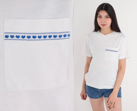 Heart Print T-Shirt 80s White Pocket Tee Plain T-Shirt Basic Top Hearts Graphic TShirt Retro Single Stitch Vintage 1980s Nurse Mates Small S