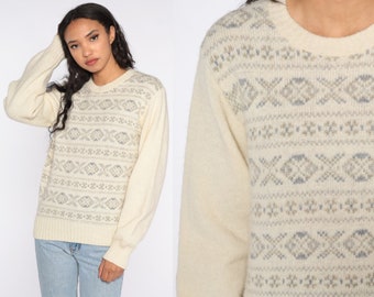 Cream Geometric Sweater 80s Wool Blend Sweater Knit Sweater Cream 1980s Boho Vintage Pullover Medium