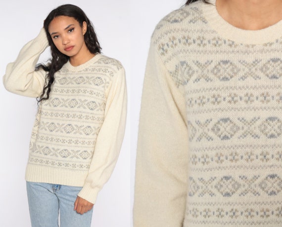 Cream Geometric Sweater 80s Wool Blend Sweater Knit Sweater Cream 1980s Boho Vintage Pullover Medium