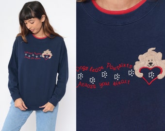 Y2K Dog Sweatshirt Dogs Leave Pawprints Across Your Heart Rhinestone Sweater Embroidered Heart Double Crewneck Navy Blue Vintage 00s Medium