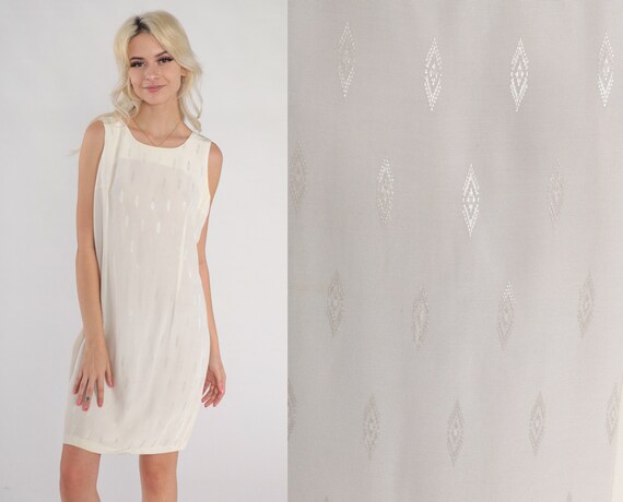 White Shift Dress 90s Semi-Sheer Mini Dress Embossed Diamond Print Retro Sleeveless Pencil Chic Classic Simple Vintage 1990s Medium M