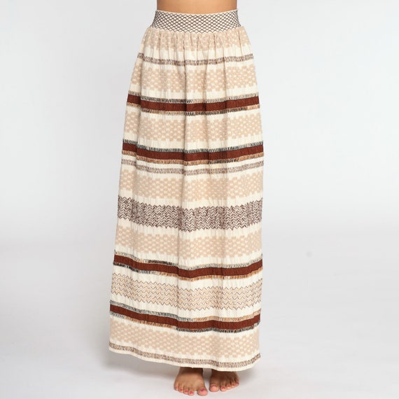 Embroidered Skirt 70s Maxi Skirt Cream Brown Stri… - image 6