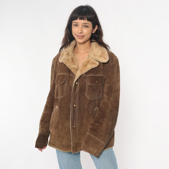 70s Brown Suede Jacket Sherpa Lined Ranch Coat Western Style Leather Cowhide Vintage Workwear Rancher Cowboy Americana Extra Large XL