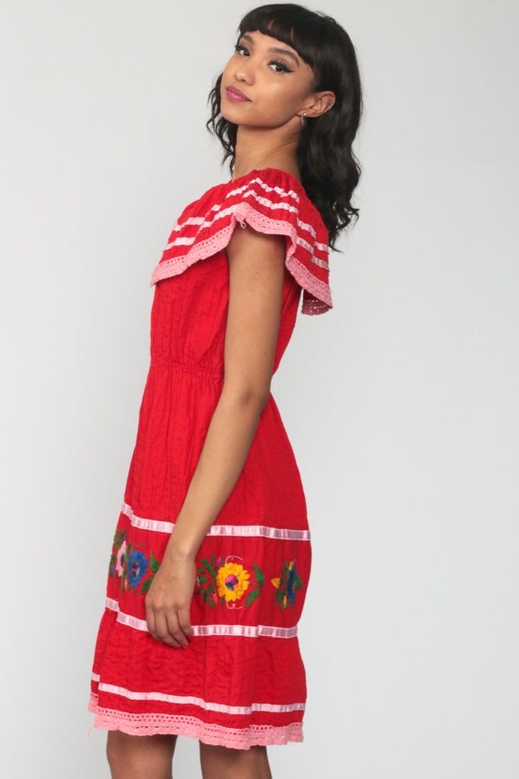 Red Bohemian Dress Midi OFF SHOULDER Dress Mexica… - image 5