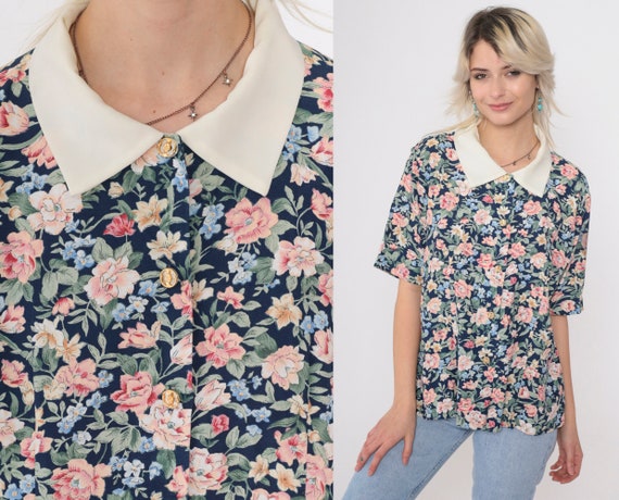 90s Floral Blouse Dark Blue Mixed Media Contrast Collar Button Up Shirt Summer Top Short Sleeve Top Secretary 1990s Vintage Small