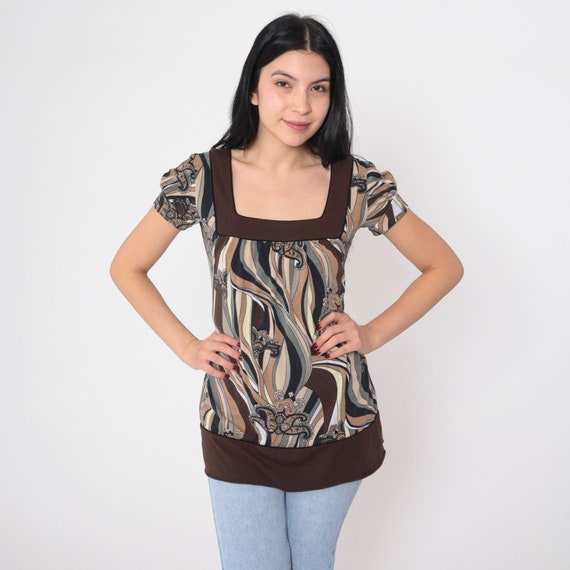 Y2K Blouse Abstract Floral Paisley Print Top Puff Sleeve Shirt Brown Psychedelic Groovy Wave Print Long Tunic Vintage 00s Volume 1 Small S