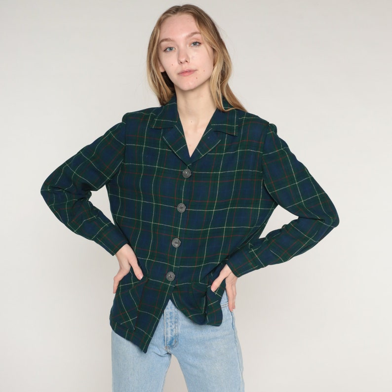 Blue Plaid Jacket Y2k Green Pendleton Wool Button Up Blazer Retro Checkered Print Collared Coat Basic Fall Collar Vintage 00s Small S image 2