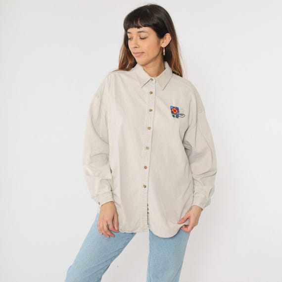 Vintage 90s Denim Quilting Shirt Beige Embroidered Jean Button Up Sewing Scissors Quilter Spool Star Long sleeve Blouse 1990s Extra Large xl