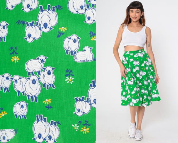 Sheep Print Skirt 80s Novelty Animal Print Green A Line Wrap Cotton Vintage Cottagecore Farm  White Yellow Flowers Tie Belt Small S Medium M
