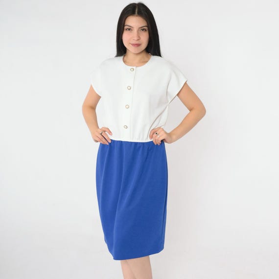 80s Two-Tone Dress Blue White Button Up Midi Shirtdress Plain Vintage Short Sleeve High Waisted Dress Secretary Medium Large Petite