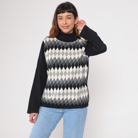 Argyle Turtleneck Sweater Y2K Diamond Pattern Knit Black Grey White Color Block Mock Neck Pullover Contrast Sleeve Preppy   Large L 12 14