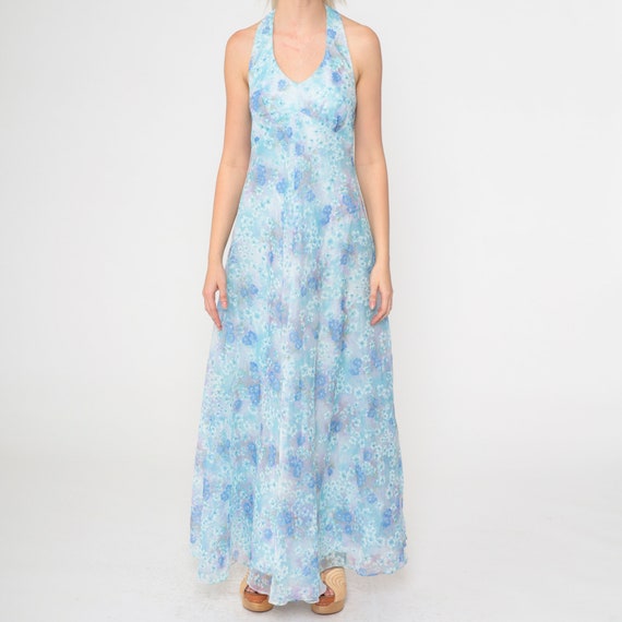Floral Halter Dress 70s Maxi Dress Light Blue Sun… - image 8
