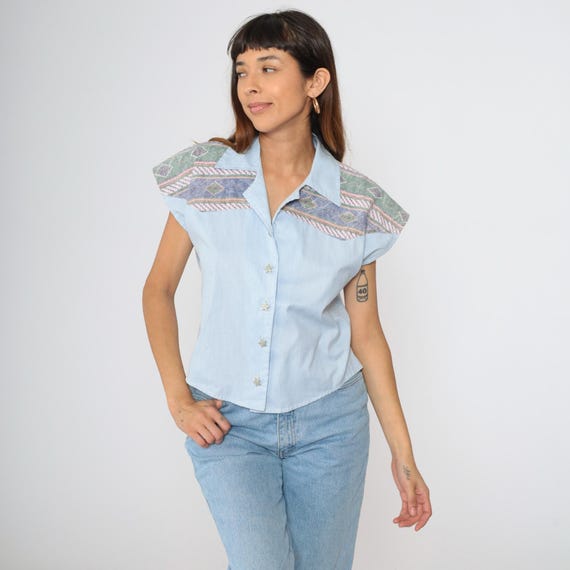 Vintage Striped Southwest Shirt Blue Star Button Up Southwestern Blouse 90s Western Top Geometric Shirt 1990s Short Cap Sleeve Medium M