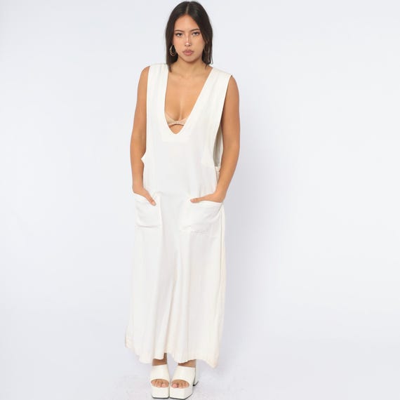 90s White Pinafore Dress Cotton Jumper Deep V Neck Sleeveless Patch Pockets Overall Dress Off White Minimalist Cottagecore Vintage Large L