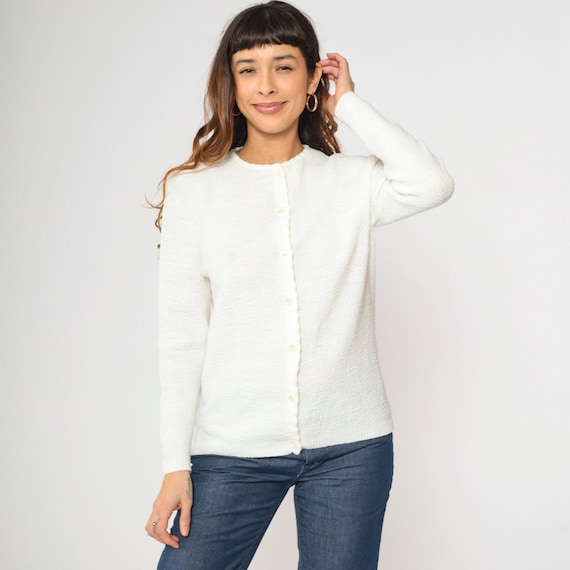 Vintage 70s White Cardigan Textured Acrylic Knit Button up Sweater Plain Basic Solid Retro Spring Knitwear 1970s Medium