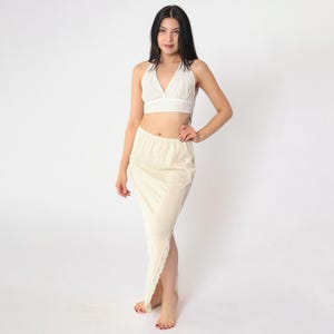Vintage Cream Maxi Slip Skirt 70s 80s Lace Trim Side Slit Lingerie Half Slip Pinup Bohemian 1980s Romantic Small S
