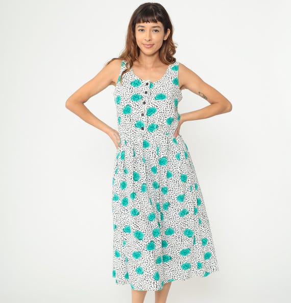 80s White Midi Dress Black Turquoise Floral Print Button Front Sleeveless Rounded Neck Cottagecore Summer Vintage Day Dress Small S