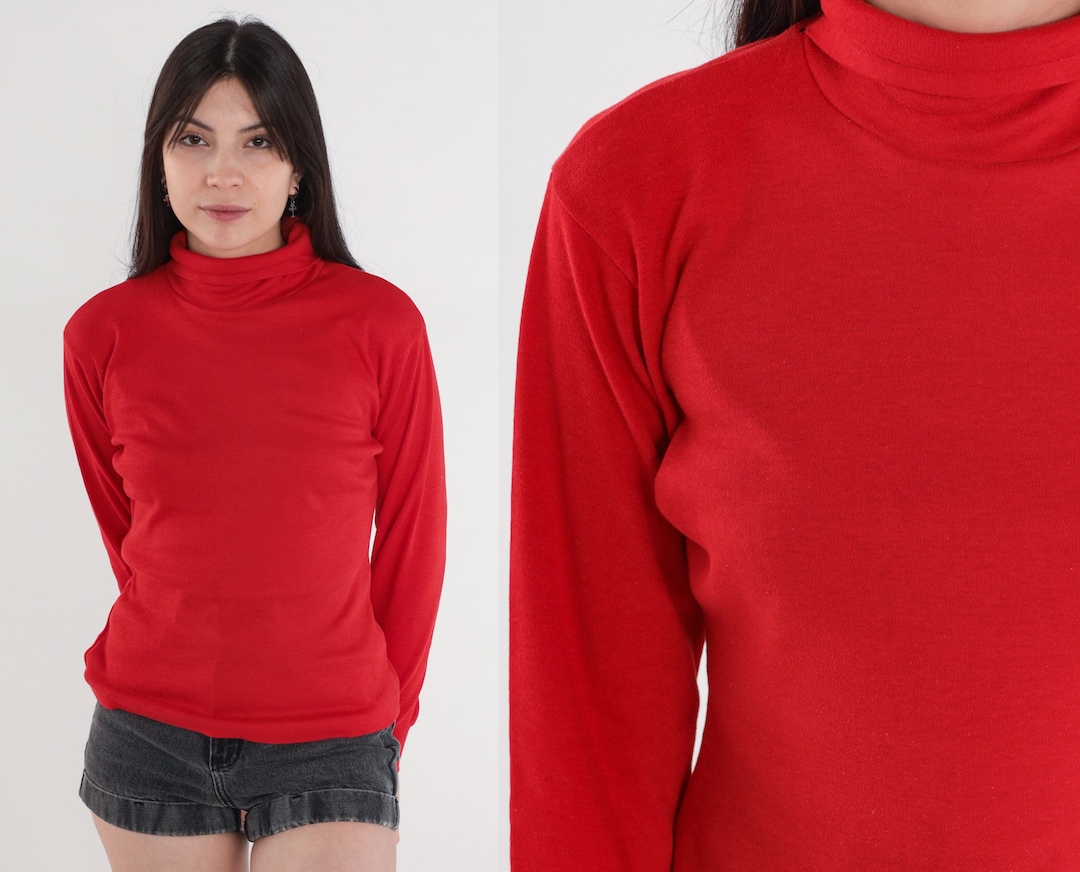 Red Turtleneck Shirt 80s Long Sleeve Shirt Pullover Top Funnel Retro