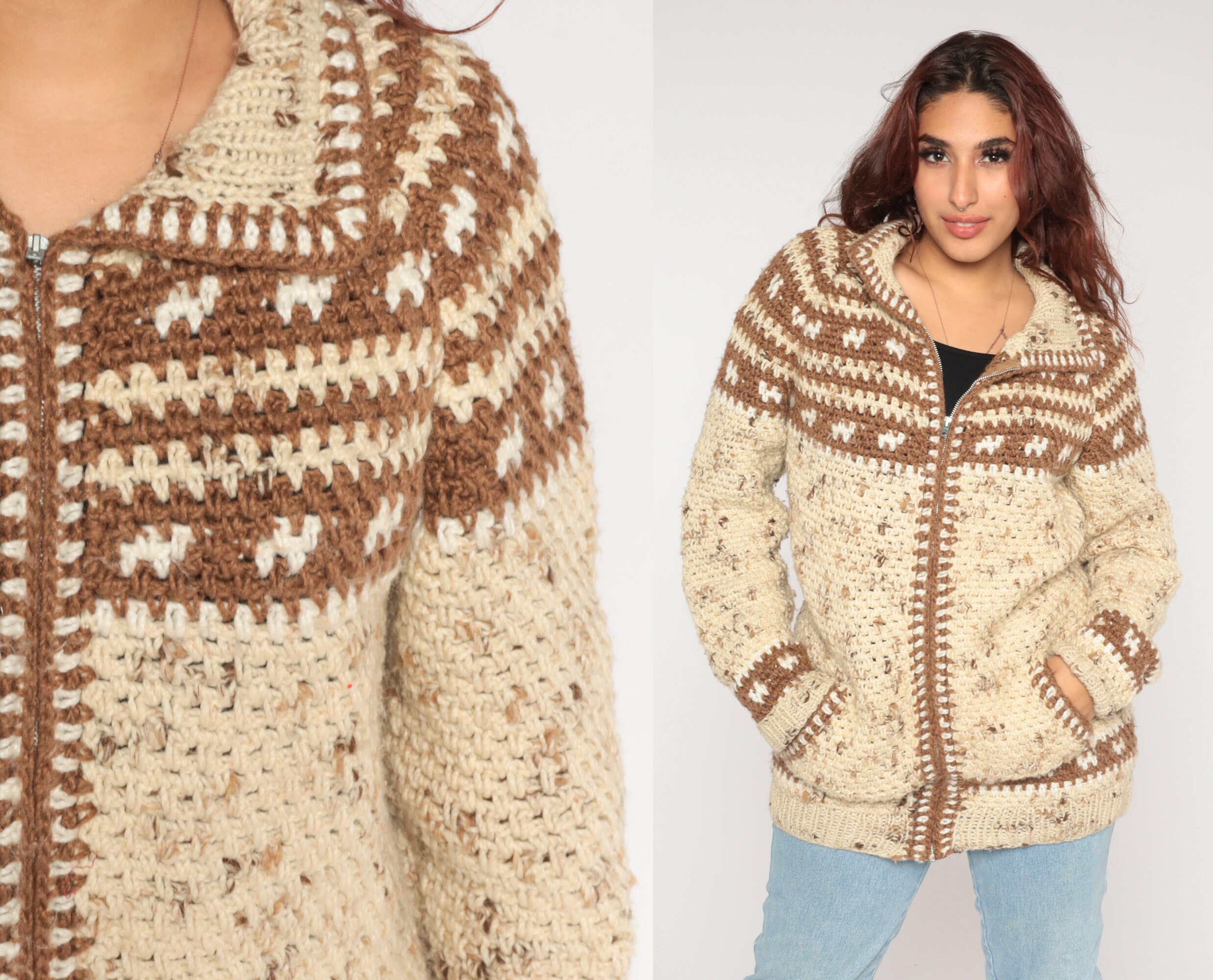 Wool Cardigan 70s Zip Up Knit Sweater 