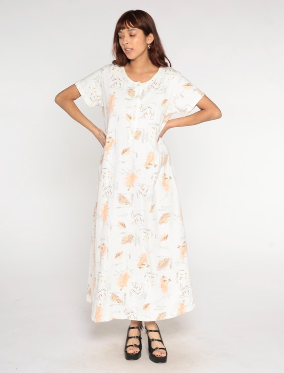Botanical Print Maxi Dress 90s White Leaf Pattern Button Front Short Sleeve Round Neck Vintage Cottagecore Prairie Nature Extra Large XL