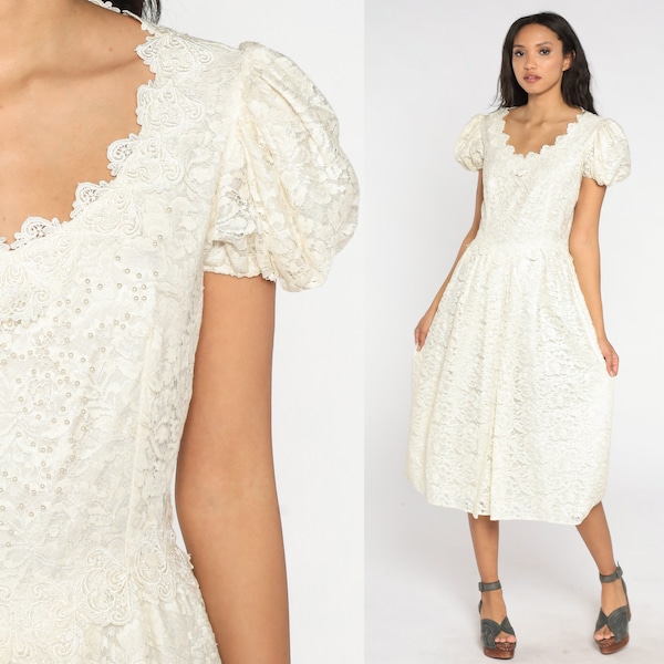 Robe en dentelle crème des années 80, robe de soirée à manches bouffantes, bal de promo taille basque, robe de mariée florale en perles des années 80, cocktail formel vintage rétro moyen M 8