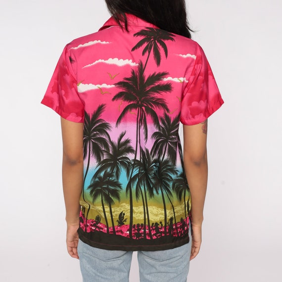 80s Hawaiian Shirt Palm Tree Luau Dancer Sunset P… - image 7