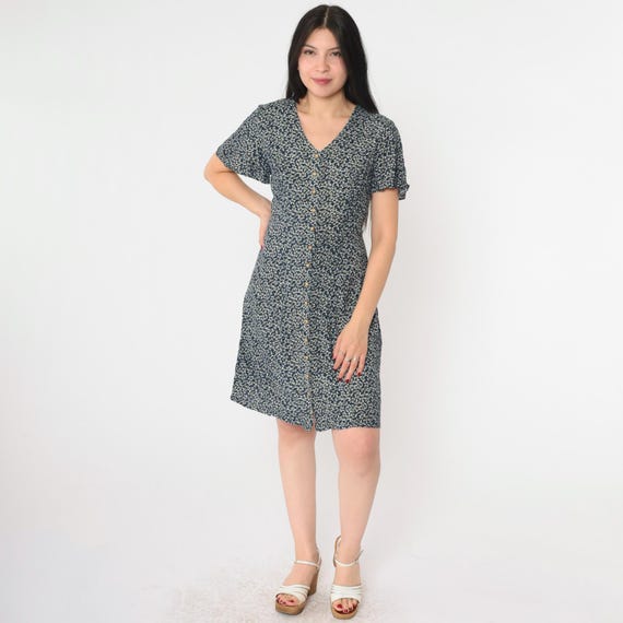Vintage Floral Mini Dress 90s Flutter Sleeve Grunge Navy Blue Button Up Princess Seam A-Line 1990s Rayon Minidress Small Petite S